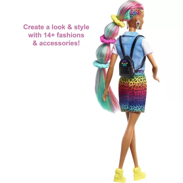 Barbie Doll Leopard Rainbow Hair with ColorChange Highlights amp 16 Styling Accessories Including Clothes Scrunchies Brush amp MoreBrown Eyes