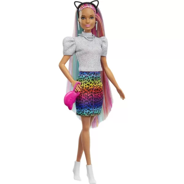 Barbie Doll Leopard Rainbow Hair with ColorChange Highlights amp 16 Styling Accessories Including Clothes Scrunchies Brush amp MoreBrown Eyes