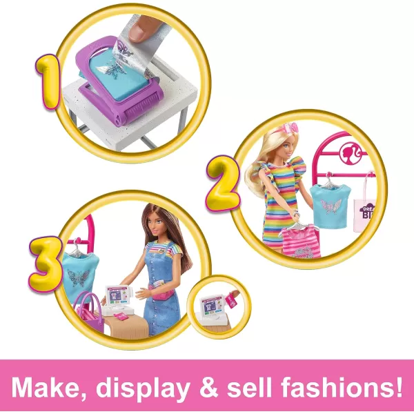 Barbie Doll amp Accessories Make amp Sell Boutique Playset with Display Rack Create Foil Designs MediumBarbie Doll amp Accessories Make amp Sell Boutique Playset with Display Rack Create Foil Designs Medium