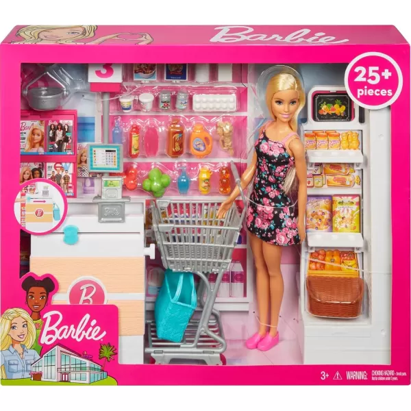 Barbie Doll amp Playset Supermarket with 25 Grocery StoreThemed Accessories Including Food CheckOut Counter amp ShelvesSupermarket