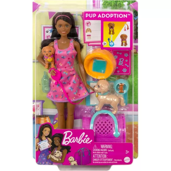 Barbie Doll ampamp Pets Brunette Doll with Mommy Dog 3 Newborn Puppies with ColorChange Feature ampamp Pet AccessoriesAdopt a Pup  Pink Dress