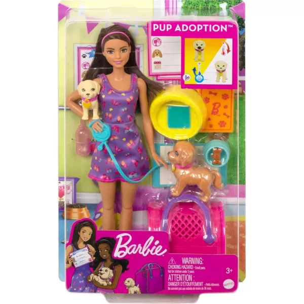 Barbie Doll ampamp Pets Brunette Doll with Mommy Dog 3 Newborn Puppies with ColorChange Feature ampamp Pet AccessoriesAdopt a Pup  Purple Dress