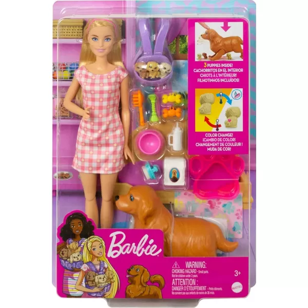 Barbie Doll ampamp Pets Brunette Doll with Mommy Dog 3 Newborn Puppies with ColorChange Feature ampamp Pet AccessoriesNewborn Pups  Blonde