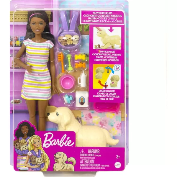 Barbie Doll ampamp Pets Brunette Doll with Mommy Dog 3 Newborn Puppies with ColorChange Feature ampamp Pet AccessoriesNewborn Pups  Brunette