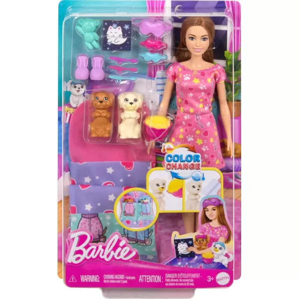 Barbie Doll ampamp Playset with 2 Toy Dog Figures ampamp 10 Accessories Puppy Slumber Party with ColorChange Feature Sleeping Bag Eye Masks ampamp More