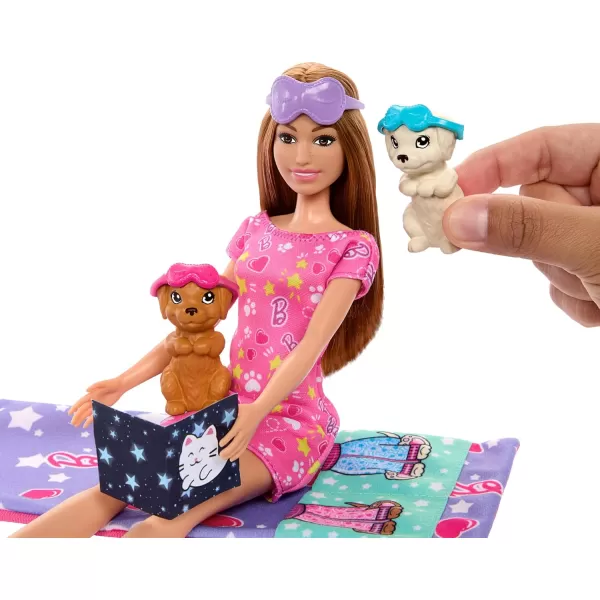 Barbie Doll ampamp Playset with 2 Toy Dog Figures ampamp 10 Accessories Puppy Slumber Party with ColorChange Feature Sleeping Bag Eye Masks ampamp More