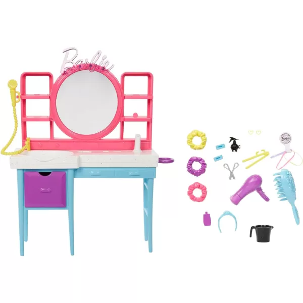 Barbie Doll and Hair Salon Playset with 15 Styling Accessories and Furniture Long ColorChange Hair and Printed DressBarbie Doll and Hair Salon Playset with 15 Styling Accessories and Furniture Long ColorChange Hair and Printed Dress