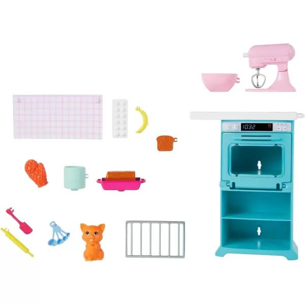 Barbie Doll and Kitchen Playset Petite Brunette with Pet Kitten and Baking Accessories Oven and Spinning MixerBrunette Multi