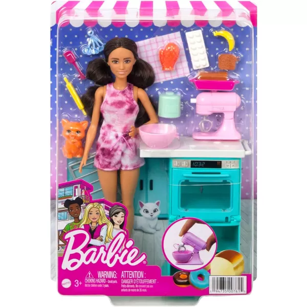 Barbie Doll and Kitchen Playset Petite Brunette with Pet Kitten and Baking Accessories Oven and Spinning MixerBrunette Multi