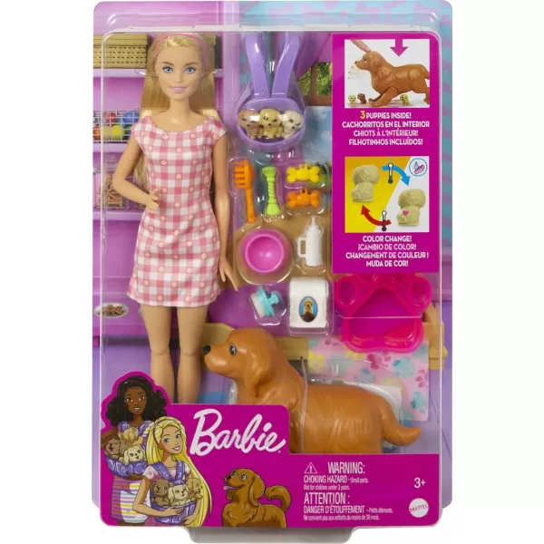 Barbie Doll and Pets Blonde Doll with Mommy Dog 3 Newborn Puppies with ColorChange Feature and Pet AccessoriesNewborn Pups  Blonde