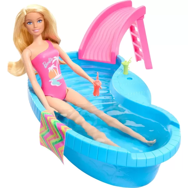 Barbie Doll and Pool Playset Blonde in Tropical Pink OnePiece Swimsuit with Pool Slide Towel and Drink AccessoriesBarbie Doll and Pool Playset Blonde in Tropical Pink OnePiece Swimsuit with Pool Slide Towel and Drink Accessories