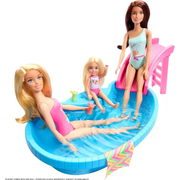 Barbie Doll and Pool Playset Blonde in Tropical Pink OnePiece Swimsuit with Pool Slide Towel and Drink AccessoriesBarbie Doll and Pool Playset Blonde in Tropical Pink OnePiece Swimsuit with Pool Slide Towel and Drink Accessories