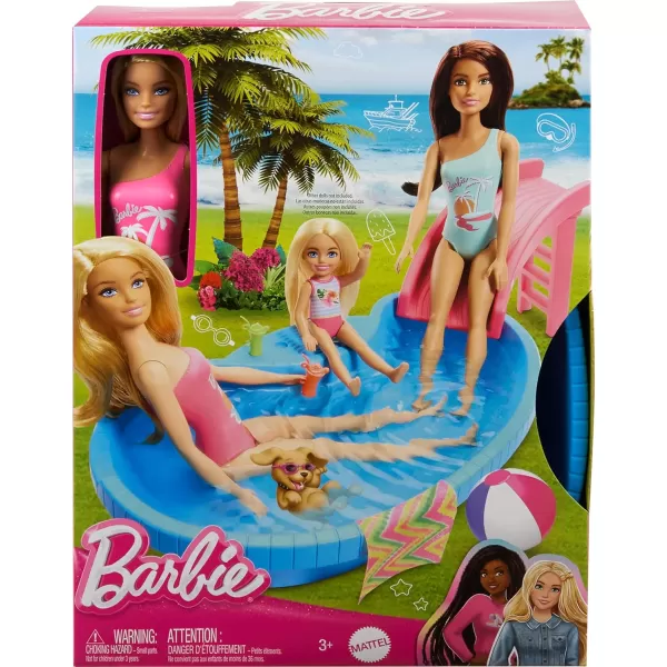 Barbie Doll and Pool Playset Blonde in Tropical Pink OnePiece Swimsuit with Pool Slide Towel and Drink AccessoriesBarbie Doll and Pool Playset Blonde in Tropical Pink OnePiece Swimsuit with Pool Slide Towel and Drink Accessories