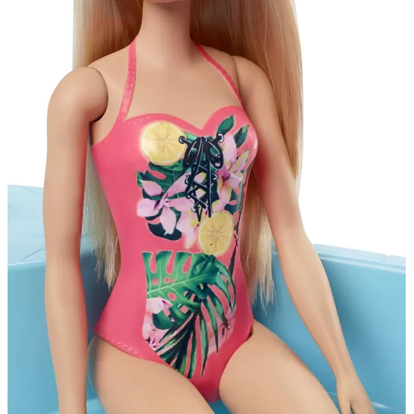 Barbie Doll and Pool Playset with Pink Slide Beverage Accessories and Towel Brunette Doll in Floral SwimsuitBlonde