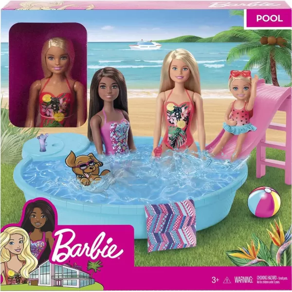 Barbie Doll and Pool Playset with Pink Slide Beverage Accessories and Towel Brunette Doll in Floral SwimsuitBlonde