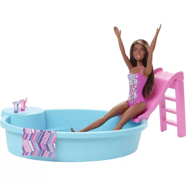 Barbie Doll and Pool Playset with Pink Slide Beverage Accessories and Towel Brunette Doll in Floral SwimsuitMulti