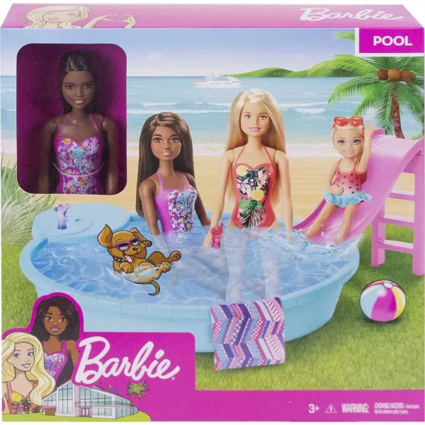 Barbie Doll and Pool Playset with Pink Slide Beverage Accessories and Towel Brunette Doll in Floral SwimsuitMulti