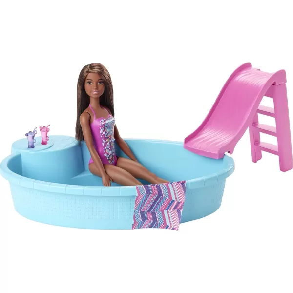 Barbie Doll and Pool Playset with Pink Slide Beverage Accessories and Towel Brunette Doll in Floral SwimsuitMulti