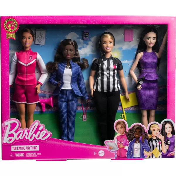 Barbie Dolls Set of 4 Sports Career Dolls and 8 Accessories with General Manager Coach Referee and Sports ReporterBarbie Dolls Set of 4 Sports Career Dolls and 8 Accessories with General Manager Coach Referee and Sports Reporter