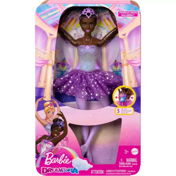 Barbie Dreamtopia Doll Twinkle Lights Posable Ballerina with 5 LightUp Shows Sparkly Purple Tutu Black Hair  TiaraBlack purple