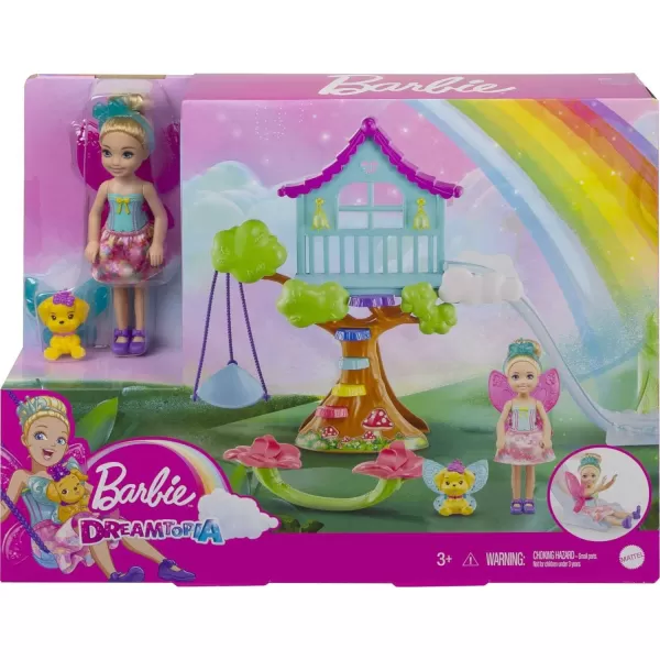 Barbie Dreamtopia Doll and Doll House Chelsea Fairy Treehouse Playset with Accessories and Pet Seesaw Swing and SlideBarbie Dreamtopia Doll and Doll House Chelsea Fairy Treehouse Playset with Accessories and Pet Seesaw Swing and Slide