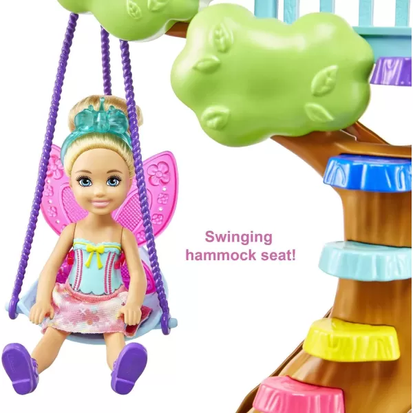 Barbie Dreamtopia Doll and Doll House Chelsea Fairy Treehouse Playset with Accessories and Pet Seesaw Swing and SlideBarbie Dreamtopia Doll and Doll House Chelsea Fairy Treehouse Playset with Accessories and Pet Seesaw Swing and Slide