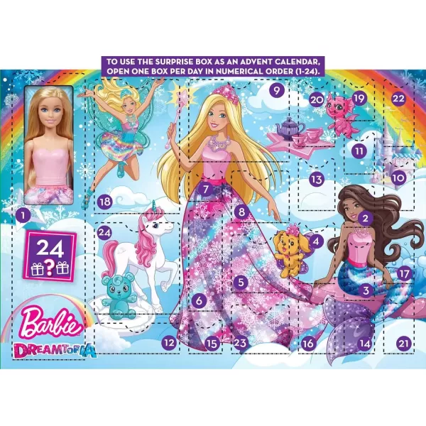 Barbie Dreamtopia Fantasy Advent Calendar with Barbie Doll and 24 Gifts Including Fantasy Fashions Magical Pets and AccessoriesBarbie Dreamtopia Fantasy Advent Calendar with Barbie Doll and 24 Gifts Including Fantasy Fashions Magical Pets and Accessories