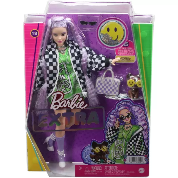 Barbie Extra Doll amp Accessories with Crimped Lavendar Hair amp Brown Eyes 15 Toy Pieces Include Pet PuppyLavender Hair Racecar Jacket