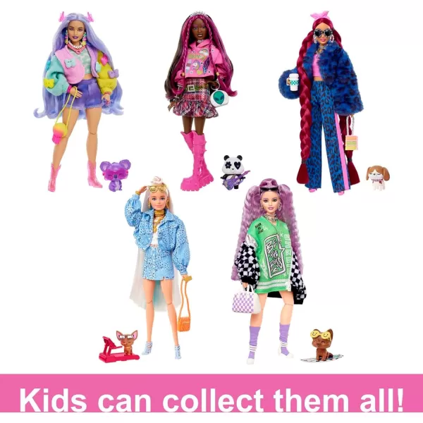 Barbie Extra Doll amp Accessories with PinkStreaked Brunette Hair in Graphic Hoodie amp Plaid Skirt with Pet PandaLavender Hair Butterfly Sweater Multicolor