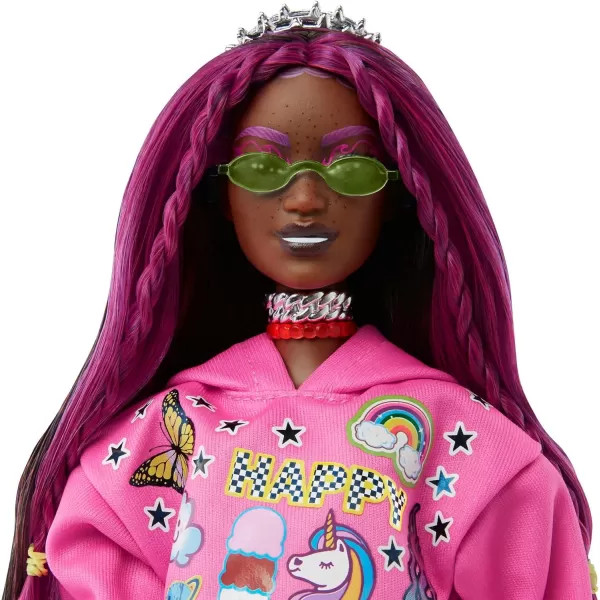 Barbie Extra Doll amp Accessories with PinkStreaked Brunette Hair in Graphic Hoodie amp Plaid Skirt with Pet PandaPink Streaked Graphic Hoodie Multicolor