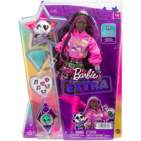 Barbie Extra Doll amp Accessories with PinkStreaked Brunette Hair in Graphic Hoodie amp Plaid Skirt with Pet PandaPink Streaked Graphic Hoodie Multicolor