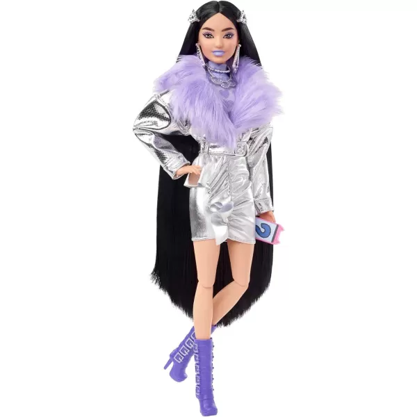 Barbie Extra Doll and Accessories with Black Hair Lavender Lips Metallic Silver Jacket and Pet Dalmatian PuppyModern Multicolor