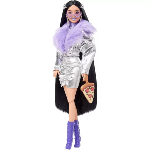 Barbie Extra Doll and Accessories with Black Hair Lavender Lips Metallic Silver Jacket and Pet Dalmatian PuppyModern Multicolor