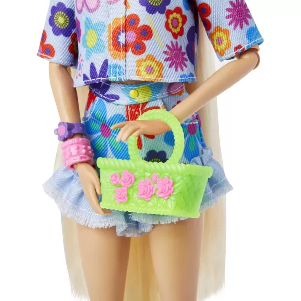 Barbie Extra Doll and Accessories with ExtraLong Blonde Hair Wearing Floral Outfit amp Poncho with Pet Bunny 12 inchBonde Floral Fashion