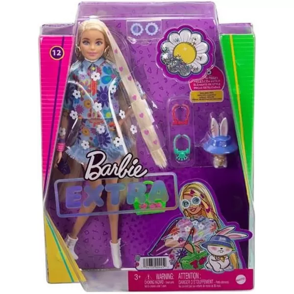 Barbie Extra Doll and Accessories with ExtraLong Blonde Hair Wearing Floral Outfit amp Poncho with Pet Bunny 12 inchBonde Floral Fashion