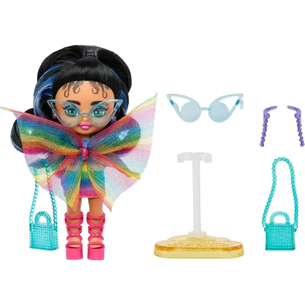 Barbie Extra Mini Minis Doll with Blue Hair Sporty Outfit Roller Skates amp Accessories amp Stand 325inchRainbow Dress