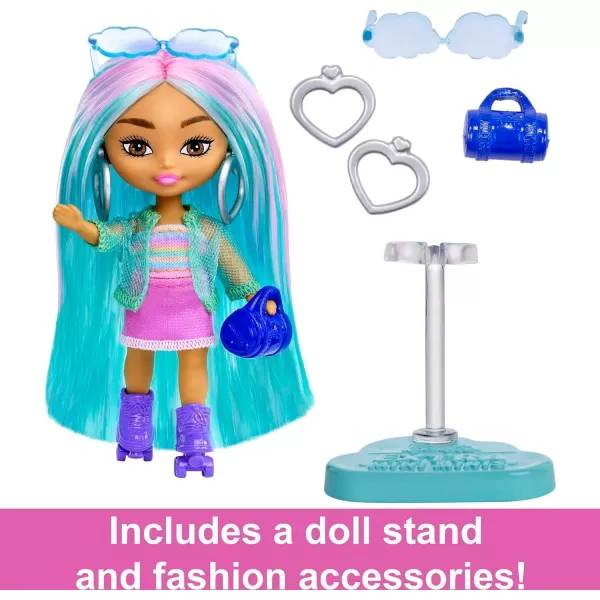 Barbie Extra Mini Minis Doll with Blue Hair Sporty Outfit Roller Skates amp Accessories amp Stand 325inchRainbow Hair