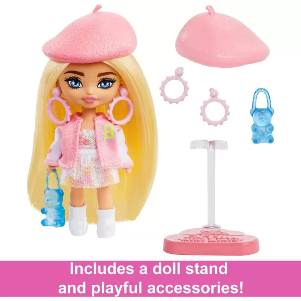 Barbie Extra Mini Minis Doll with Blue Hair Sporty Outfit Roller Skates amp Accessories amp Stand 325inchVarsity Jacket