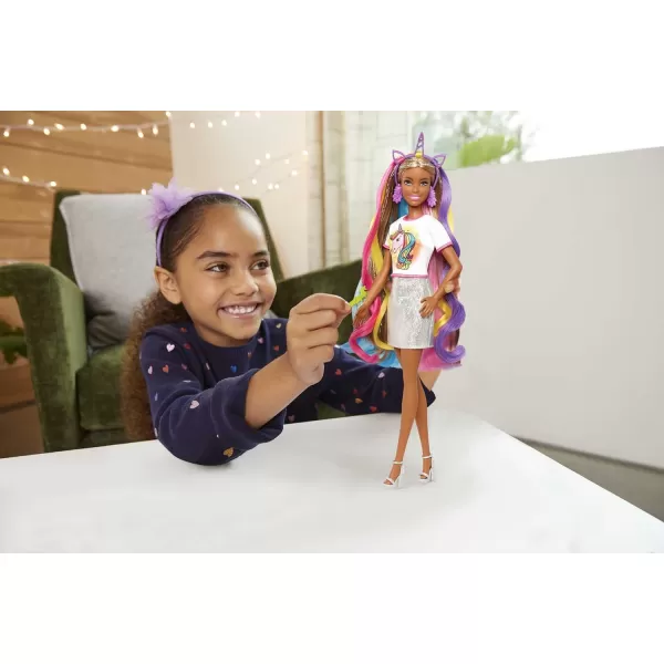 Barbie Fantasy Hair Doll amp Accessories Long Colorful Blonde Hair with Mermaid and UnicornInspired ClothesBrunette