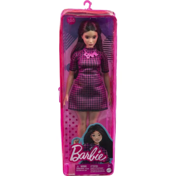 Barbie Fashionistas Doll 188 with Curvy Shape Black Hair Checkered Dress Pink Sneakers amp Necklace AccessoryBarbie Fashionistas Doll 188 with Curvy Shape Black Hair Checkered Dress Pink Sneakers amp Necklace Accessory