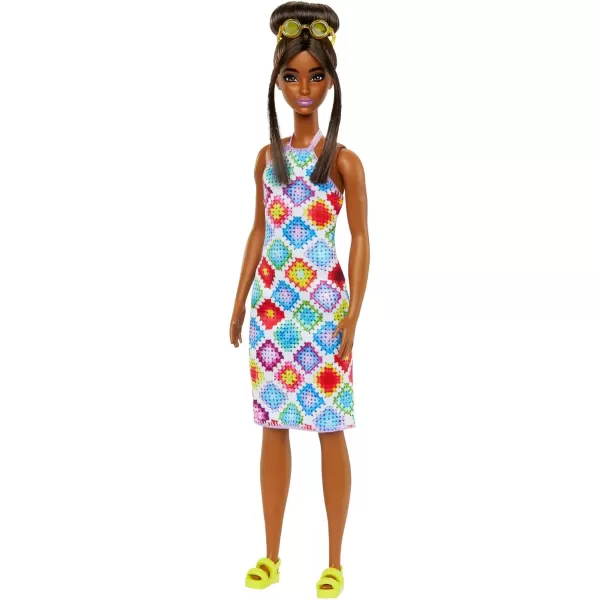 Barbie Fashionistas Doll 210 with Brown Hair in Bun Wearing Colorful Crochet Halter Dress Sunglasses and SandalsBarbie Fashionistas Doll 210 with Brown Hair in Bun Wearing Colorful Crochet Halter Dress Sunglasses and Sandals