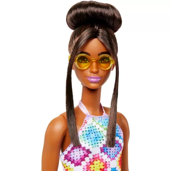 Barbie Fashionistas Doll 210 with Brown Hair in Bun Wearing Colorful Crochet Halter Dress Sunglasses and SandalsBarbie Fashionistas Doll 210 with Brown Hair in Bun Wearing Colorful Crochet Halter Dress Sunglasses and Sandals