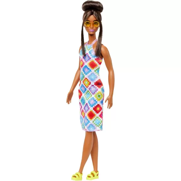 Barbie Fashionistas Doll 210 with Brown Hair in Bun Wearing Colorful Crochet Halter Dress Sunglasses and SandalsBarbie Fashionistas Doll 210 with Brown Hair in Bun Wearing Colorful Crochet Halter Dress Sunglasses and Sandals