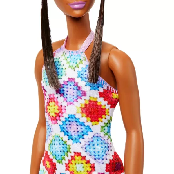 Barbie Fashionistas Doll 210 with Brown Hair in Bun Wearing Colorful Crochet Halter Dress Sunglasses and SandalsBarbie Fashionistas Doll 210 with Brown Hair in Bun Wearing Colorful Crochet Halter Dress Sunglasses and Sandals