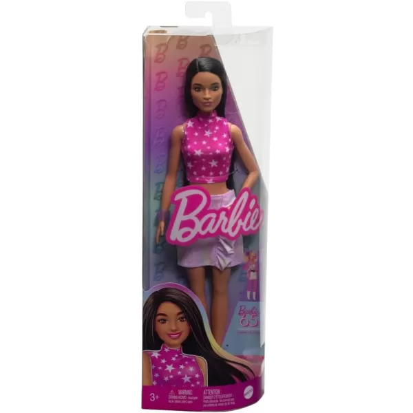 Barbie Fashionistas Doll 214 Black Wavy Hair with Twist n Turn Dress  Accessories 65th Anniversary Collectible Fashion DollPink Starprint