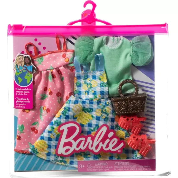 Barbie Fashions Doll Clothes and Accessories Set 2 PicnicThemed Dresses with Basket and Shoes for 2 Complete OutfitsPicnic Multicolor