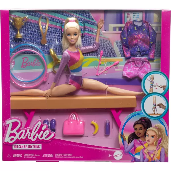 Barbie Gymnastics Doll  Accessories Playset with Brunette Fashion Doll CClip for Flipping Action Balance Beam WarmUp Suit  MoreBlonde