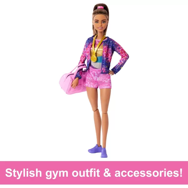 Barbie Gymnastics Doll  Accessories Playset with Brunette Fashion Doll CClip for Flipping Action Balance Beam WarmUp Suit  MoreBrunette