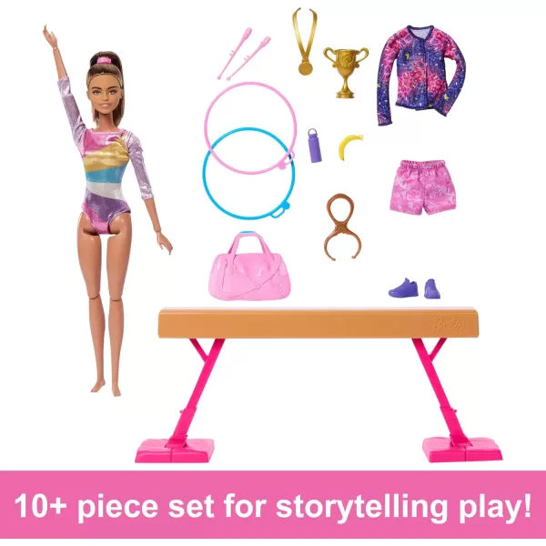 Barbie Gymnastics Doll  Accessories Playset with Brunette Fashion Doll CClip for Flipping Action Balance Beam WarmUp Suit  MoreBrunette