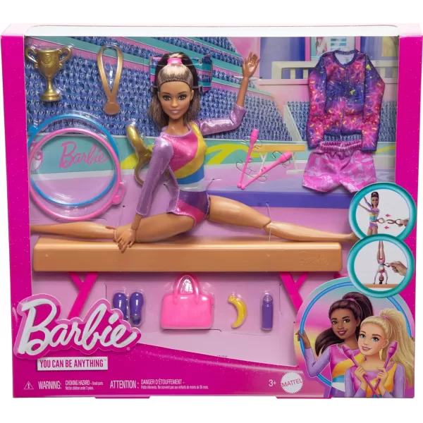 Barbie Gymnastics Doll  Accessories Playset with Brunette Fashion Doll CClip for Flipping Action Balance Beam WarmUp Suit  MoreBrunette